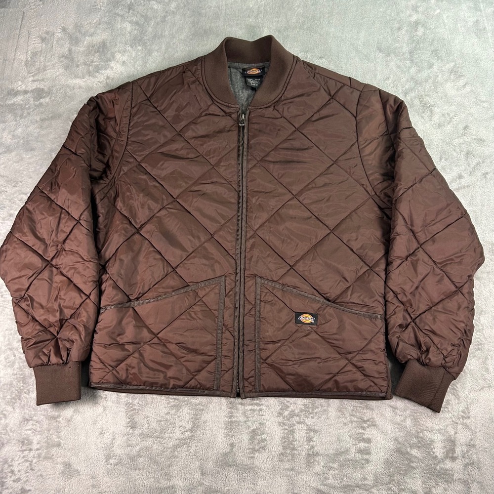 Dickies Mens Diamond Quilted Nylon Jacket Brown Full Zip Bomber Medium 61242CB